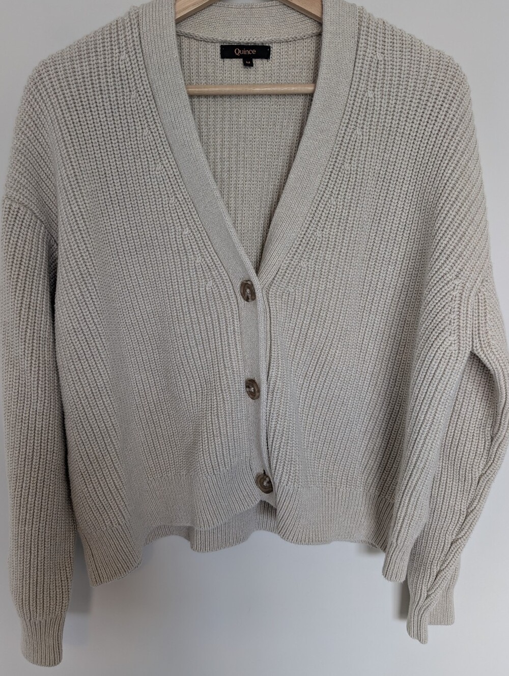 Quince Cream Ribbed V-Neck Button-Front Cardigan - Picture 2 of 9